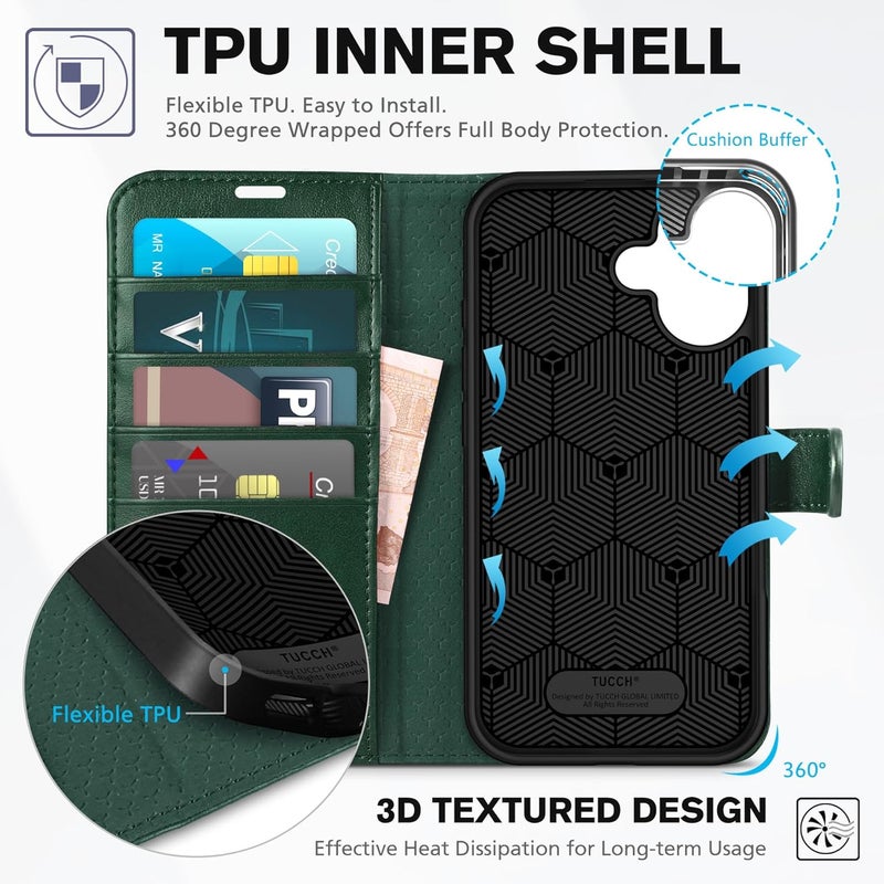 TUCCH Case Wallet for iPhone 16, Protective [TPU Shockproof Inner Shell], Kickstand PU Leather RFID Blocking [4 Card Holder] Magnetic Closure Cover Compatible with iPhone 16 5G, Green - Image 5